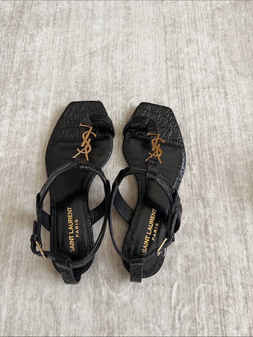 Saint Laurent Black Croc-Embossed Leather Sandals with Gold YSL Accent Sz 36 - Picture 4 of 6